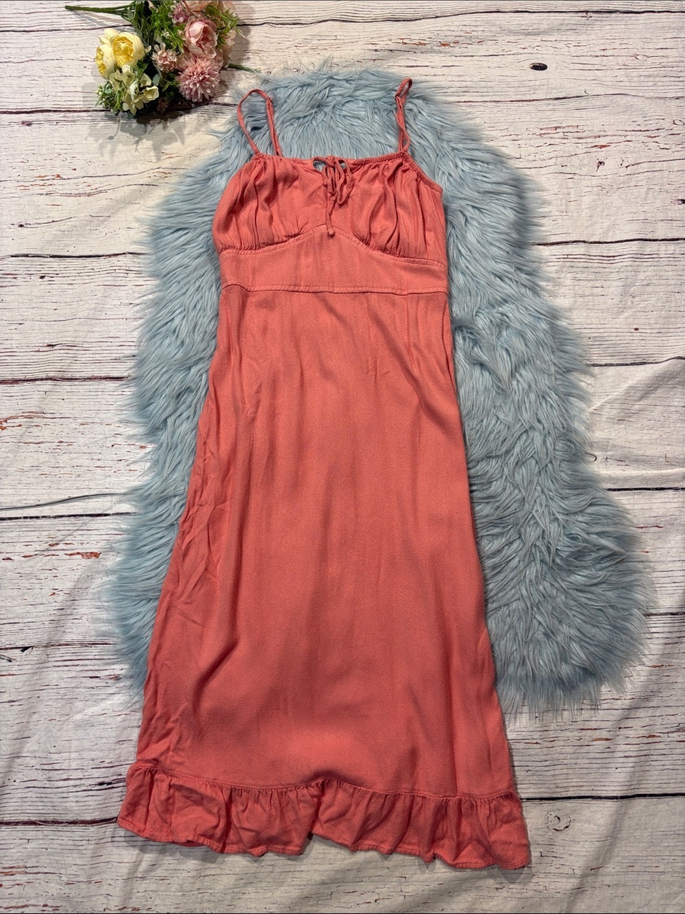 Abercrombie & Fitch Cottagecore Cinched Tie Front Ruffle Hem Coral Midi Dress